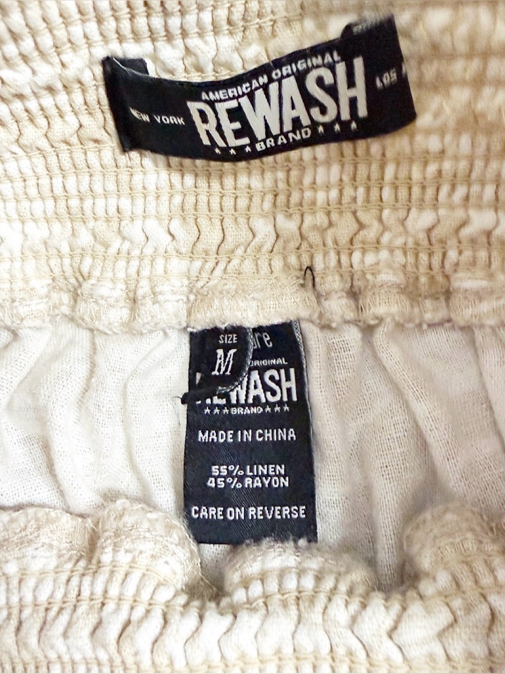 REWASH Linen Blend Wide Leg Pants Beige Tropical Print Smocked Waist Size M - Picture 4 of 7